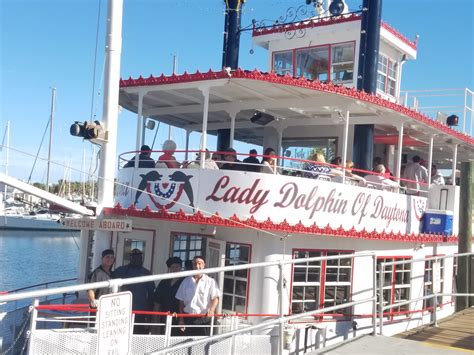 Dine, cruise and soak in unforgettable views of manatees and dolphins aboard the Lady Dolphin of Daytona paddle wheel boat Dine and Cruise is a two-hour river cruise which includes dinner, dessert, unlimited soft drinks, music and sightseeing information, on the Intracoastal Waterway. . Daytona river cruise